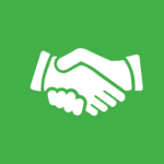 White vector graphic of a handshake on a green background.