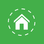 White vector graphic of a home with a dashed circle on a green background.